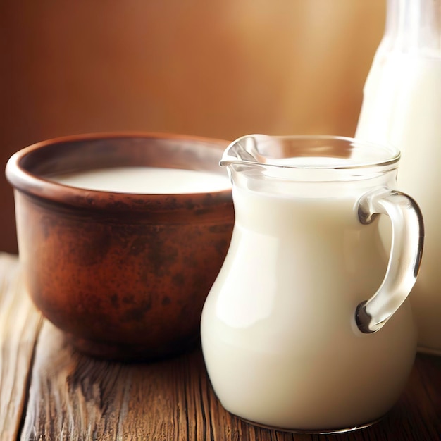 Frische Milch in einem Becher und Krug auf einem Holztisch