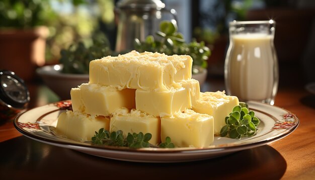 Foto frische milchprodukte auf einem hölzernen tisch gesunde gourmet-vorbereitung, generiert durch künstliche intelligenz