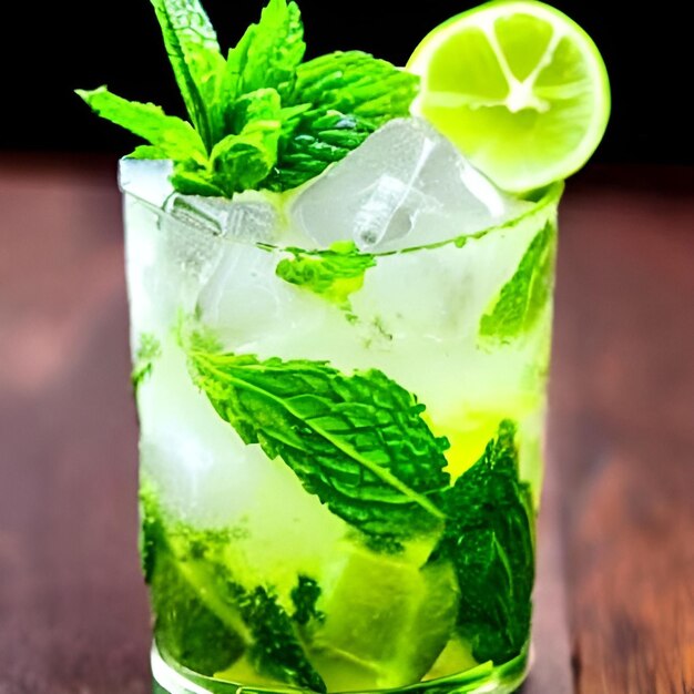 Foto frische mojito-alkohol-cocktail-zeichnung mit limettenminzblättern und eisbild-bild-lebensmittelillustration für den hintergrundinhalt