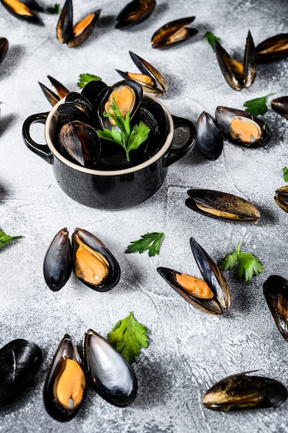 Frische Muscheln in Weinsauce. Das Konzept des Kochens von Meeresfrüchten. Grauer Hintergrund. Draufsicht