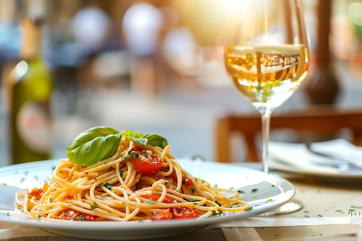 Foto frische nudeln mit tomaten und basilikum auf einem restauranttisch mit einem glas weißwein