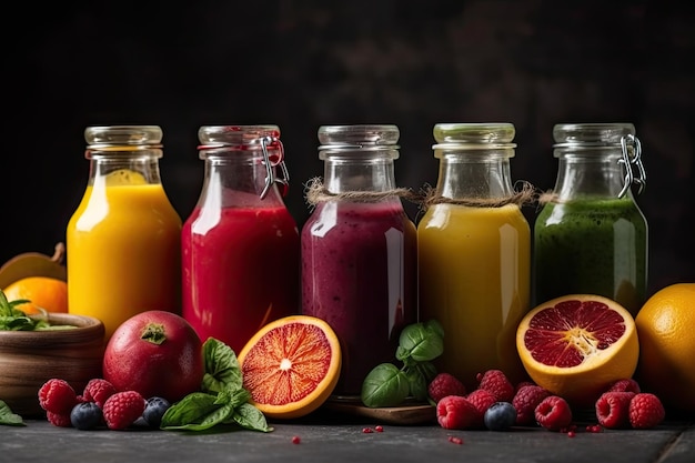 Frische Obst- und Gemüse-Smoothies mit Zutaten für eine gesunde Detox-Ernährung, generiert durch KI