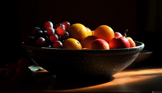 Frische Obstschale auf Holztisch. Gesunde Ernährung durch KI