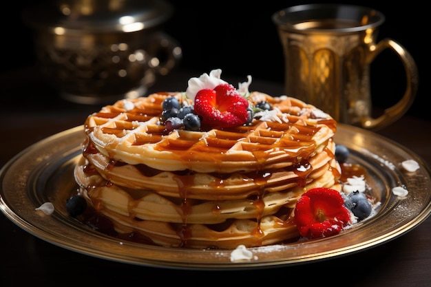 Frische Obstwaffeln am sonnigen Morgen auf rustikalem Tisch generativ IA