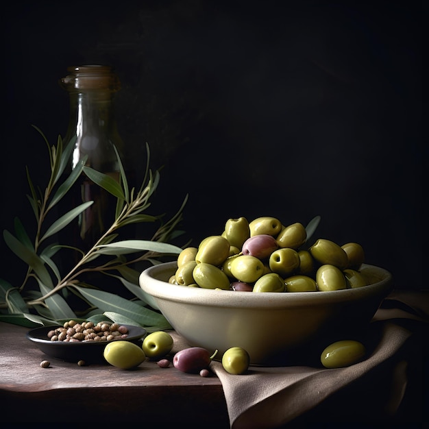 Frische Oliven mit Blättern in einer Schüssel auf dunklem Hintergrund mit kopierendem Raum, der von KI generiert wird