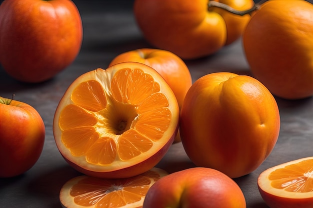 Frische orangefarbene Früchte auf einem dunklen Hintergrund, Nahaufnahme, vertikale Generative ai