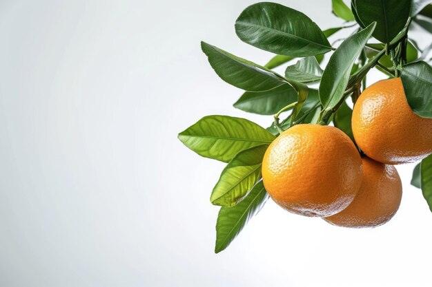 Frische orangefarbene Früchte hängen an einem Baumzweig mit grünen Blättern, die auf einem weißen Hintergrund isoliert sind