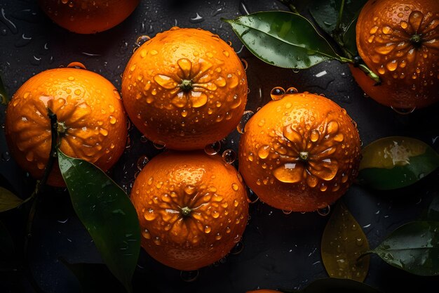 Frische orangefarbene Früchte mit Blättern als Hintergrund, Draufsicht. Neuronales Netzwerk, KI generiert
