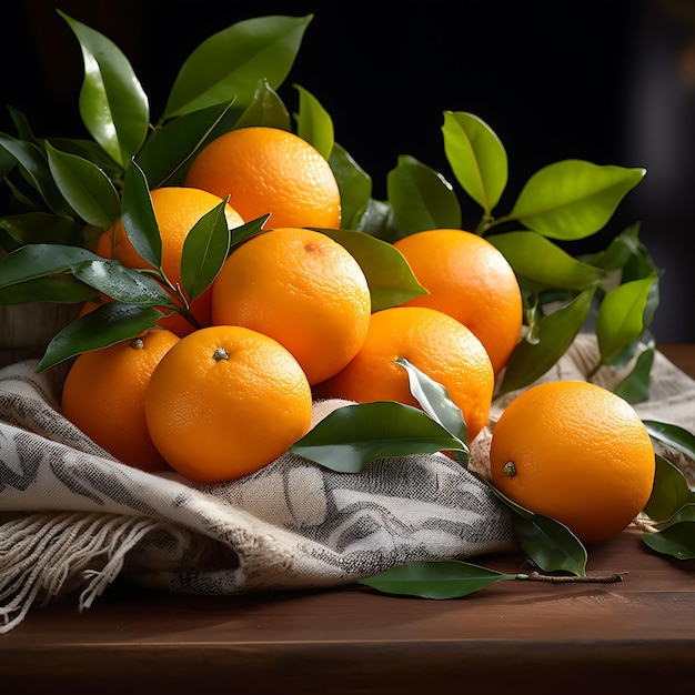 Frische Orangen mit Blättern auf einem Holztisch