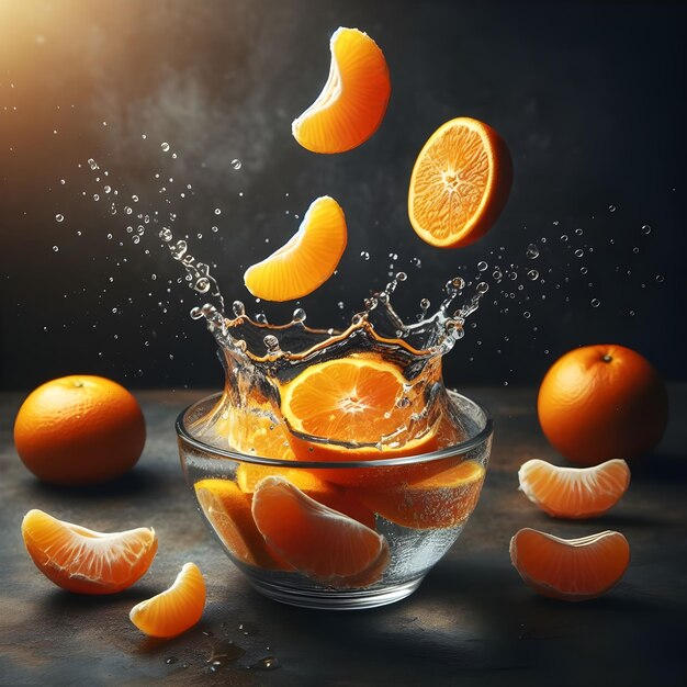 Frische Orangen spritzen in eine Glasschüssel mit Wassertropfen in der Luft