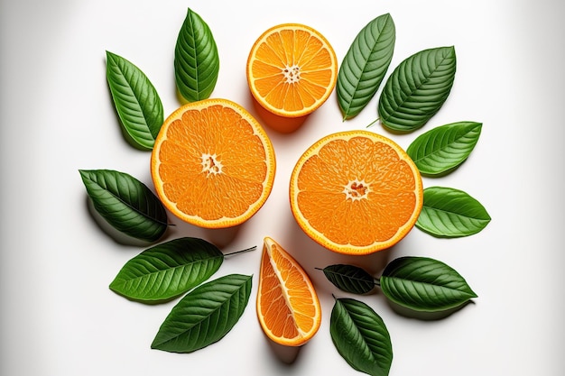 Frische Orangenfrucht in Draufsicht geschnitten und mit grünen Blättern isoliert auf weiß