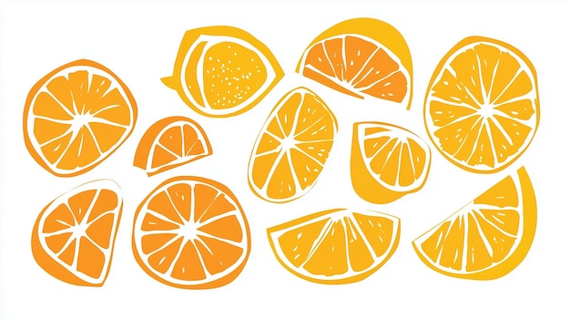Frische Orangenscheiben, kunstvoll auf einem weißen Hintergrund angeordnet, mit unterschiedlichen Formen und Größen, die perfekt für ein fruchtiges Design sind