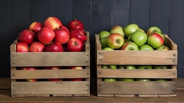 Frische organische grüne und rote Äpfel in der Holzkiste auf dunkelgrauen Hintergrund Generative KI