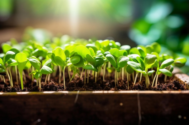 Frische organische Mikrogrünpflanzen, die im Boden wachsen, junge Sprossen, gesunde vegetarische Nahrung, rohe Sprossen