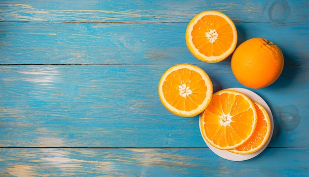 Frische organische Orangen halbieren Früchte auf blauem hölzernen Hintergrund mit Kopierplatz