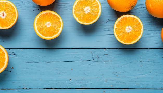 Frische organische Orangen halbieren Früchte auf blauem hölzernen Hintergrund mit Kopierplatz