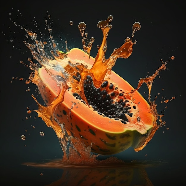 Frische Papaya-Früchte mit Wasserspritzer auf weißem Hintergrund, AI generiert