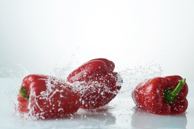 Frische Paprikaschoten, die in klares Wasser fallen. Frische rote Paprika in einem Spritzer Wasser auf weißem Hintergrund.