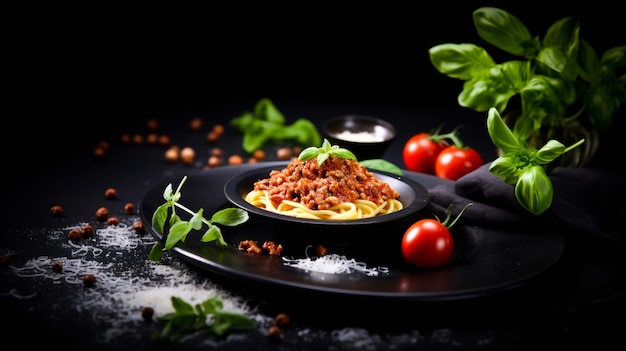 Frische Pasta mit herzhafter Bolognese und Parmesankäse auf einem hölzernen Hintergrund, generiert von ai