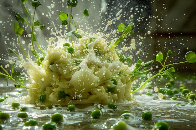 Frische Pesto-Sauce-Explosion mit Basilikumblättern und Olivenöl-Spritzen im rustikalen Küchen-Hintergrund