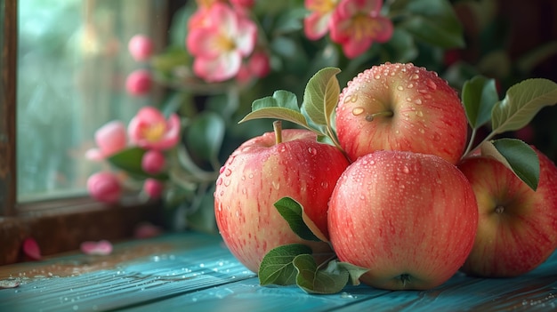 Frische Äpfel und Blüten am Fenster