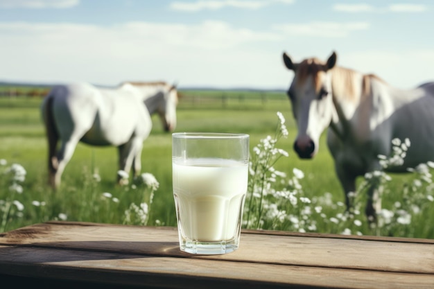 Frische Pferdemilch in Glas auf hölzerner Tischplatte und verschwommene Landschaft auf der Wiese generative ai