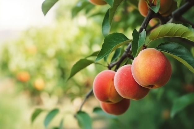 Frische Pfirsiche aus nächster Nähe auf Ästen Köstliche und gesunde Bio-Ernährung Generative KI