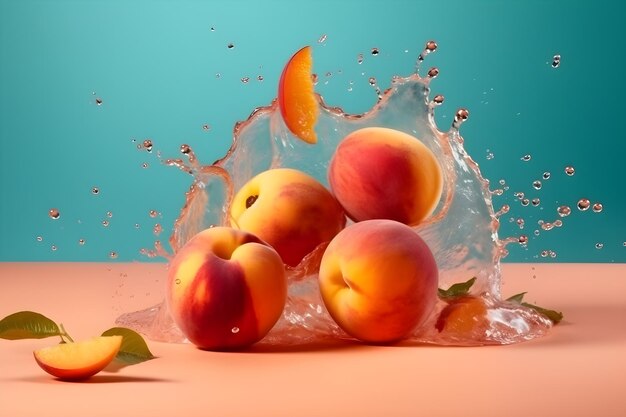 Frische Pfirsiche fliegen mit Wasserspritzern auf hellem Hintergrund