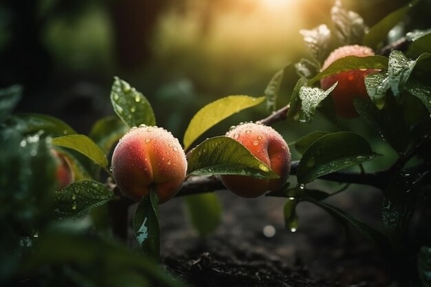 Frische Pfirsiche mit Regentropfen Wasser Natürliche Früchte wachsen im Sommer auf einem Baum