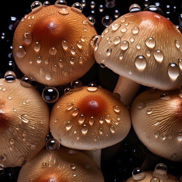 Foto frische pilze, nahtloser hintergrund, geschmückt mit glänzenden wassertropfen