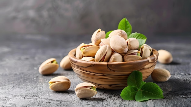 Frische Pistazienüsse in einer Holzschüssel auf einer textierten grauen Oberfläche gesunde Snacks Konzept rustikaler Stil Stillleben mit grünen Blättern natürliches Licht erfassen KI