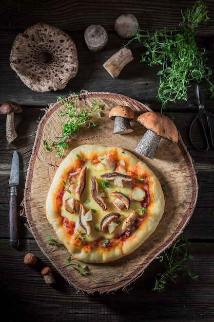 Frische Pizza aus Edelpilzen und Tomaten