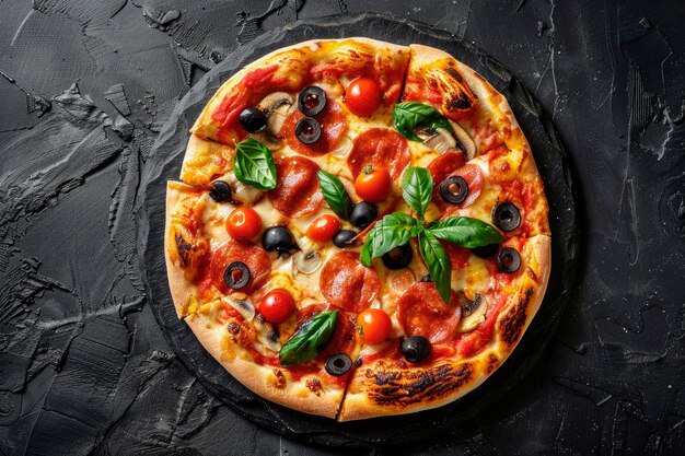 Foto frische pizza mit schwarzen oliven, käse und tomaten auf schwarzem hintergrund