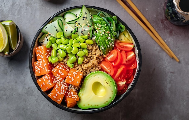 Foto frische poke-schüssel mit avocado, quinoa und gemüse, top-view