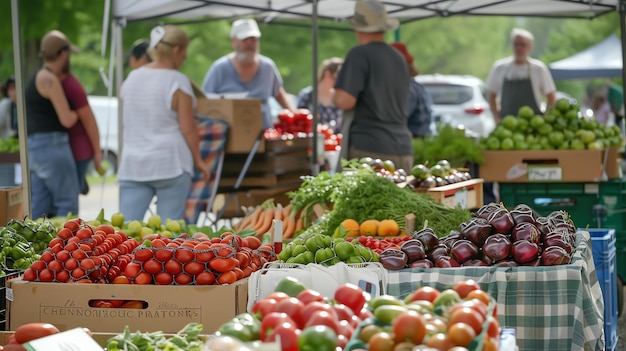 Foto frische produkte auf einem bauernmarkt der vordere tisch hat rote und grüne tomaten, auberginen und pfeffer hinter ihm sind mehrere leute beim einkaufen