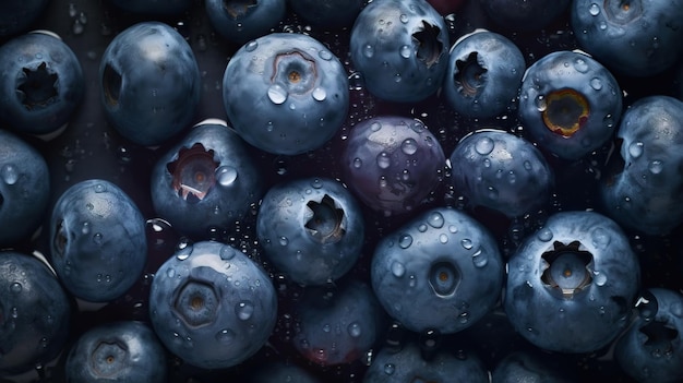 Frische reife Blaubeeren mit Wassertropfen im Hintergrund Beeren im Hintergrund Generative KI