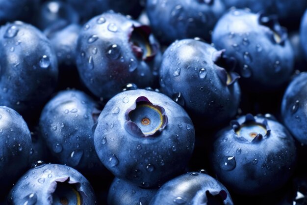 Frische reife Blaubeeren mit Wassertropfen Textur Blaubeeren in Nahaufnahme Süßer Hintergrund