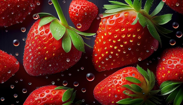 Frische reife Erdbeeren nahtloses Muster auf schwarzem Hintergrund Draufsicht Banner Al generiert