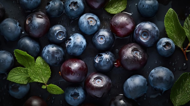 Frische reife Heidelbeeren mit Wassertropfen im Hintergrund Beeren im Hintergrund Generative KI