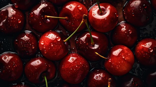 Frische reife Kirschen mit Wassertropfen im Hintergrund Beeren im Hintergrund Generative KI