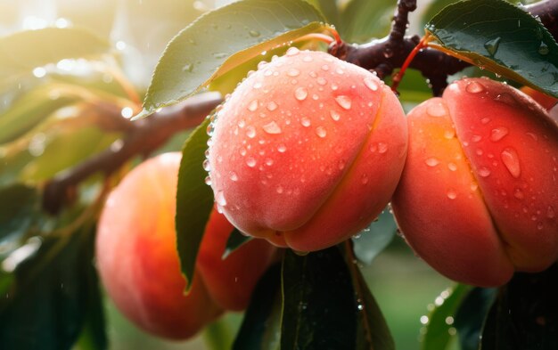 Frische reife Pfirsiche auf dem Baum mit Regentropfen