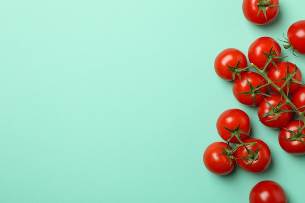 Frische reife Tomaten auf Minzhintergrund, Draufsicht