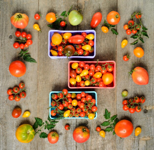 Frische reife Tomaten sind in der Kiste auf der Draufsicht des Holztischs