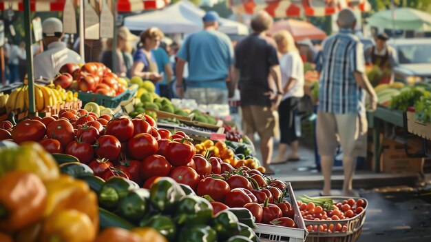 Foto frische reife tomaten und andere bunte produkte auf einem belebten bauernmarkt