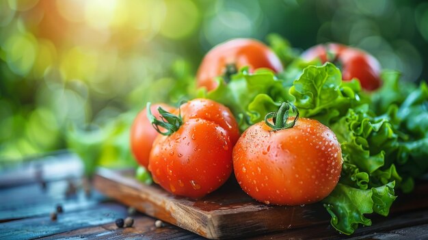 Frische reife Tomaten und Salat auf rustikalem Holzhintergrund Bio-Gemüse mit Wassertropfen Gesundes vegetarisches Lebensmittelkonzept