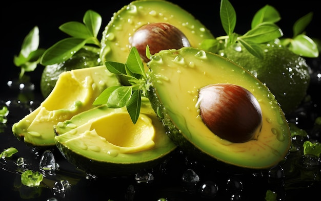 Frische rohe Avocado mit Tautropfen auf dunklem Hintergrund