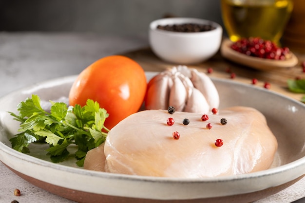 Frische rohe Hühnerbrust mit Zutaten zum Kochen