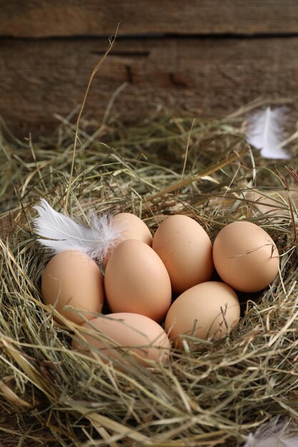 Frische rohe Hühnereier im Nest auf dem Tisch in Nahaufnahme