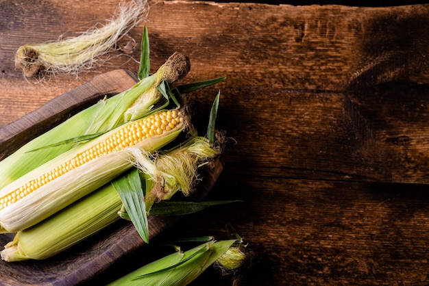 Frische rohe Maiskolben auf dunklem Holzhintergrund. Gesundes Essen, Vegetarismus-Konzept. Platz zum Einfügen von Text.