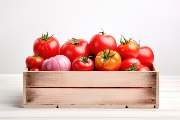 Frische, rosa und rote Tomaten auf weißem, unterschiedlichem Hintergrund und in einer Holzkiste.